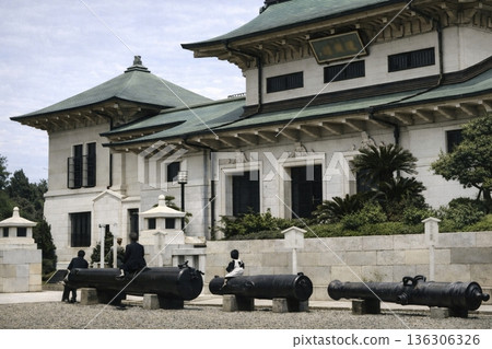 Old photo, 1932, Yushukan Museum, Yasukuni Shrine, Tokyo (black and white photo colorized using AI) 136306326