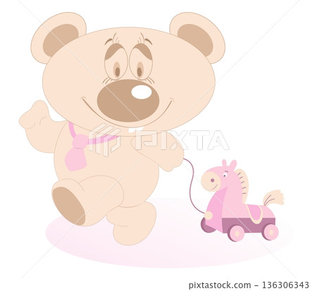 Cute Teddy Bear pulling a toy horse Cute Teddy Bear pulling a toy horse 136306343