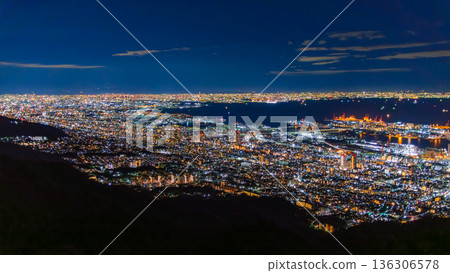 A panoramic night view of Osaka Bay and the Hanshin area from Mount Maya's Kikuseidai in Kobe, Hyogo Prefecture 136306578