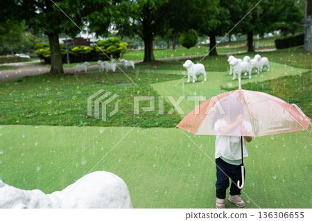 雨中，一個孩子撐著傘在公園散步。 136306655