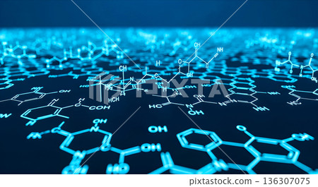 化學式和分子結構的數位背景。藍色3DCG素材，適用於科學和醫學影像。藥物發現和研究概念。 136307075