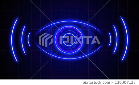 A glowing neon blue eye surrounded by radiating waves appears on a grid, representing surveillance, technology, and the future of digital security systems. 136307125