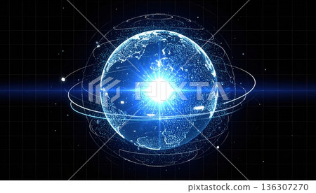Highly detailed digital illustration of a glowing futuristic Earth with orbiting lines and digital effects representing technology innovation and global connectivity 136307270