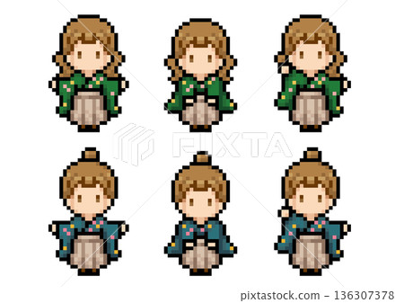 A pixel art set of a woman wearing a hakama 136307378