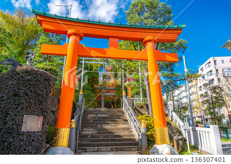 秋日晴朗，東京新宿區早稻田，穴八幡神社正門鳥居。 136307401