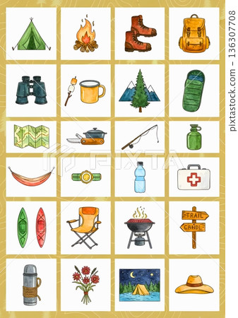 露營裝備組合插圖,可用於日記裝飾和貼紙 露營裝備組合插圖,可用於日記裝飾和貼紙 136307708