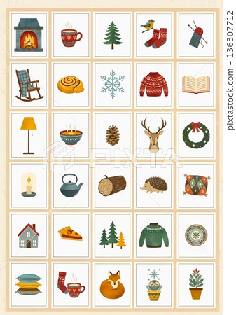 北歐風格 hygge 冬季插畫套裝水彩圖示素材 136307712