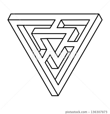 Impossible shapes. Optical illusion object. Vector illustration isolated on white. Sacred geometry figure. Black lines on a white background. Unreal triangles. Op art. Impossible shapes. Optical illusion object. Vector illustration isolated on white. Sacred geometry figure. Black lines on a white background. Unreal triangles. Op art. 136307873