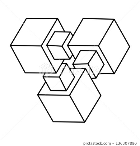 Impossible triangle. Sacred geometry figures. Optical illusion cube. Abstract eternal geometric object. Impossible endless outline shape. Optical art. Impossible geometry figure on a white background. Impossible triangle. Sacred geometry figures. Optical illusion cube. Abstract eternal geometric object. Impossible endless outline shape. Optical art. Impossible geometry figure on a white background. 136307880