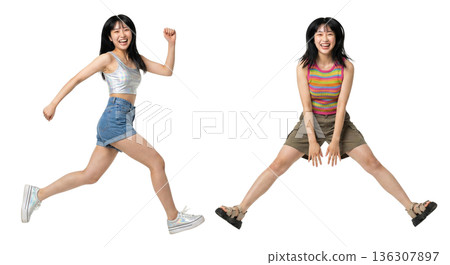 Dynamic jumping and running poses of Japanese women in their 20s. Full-body cutout set of 4. Transparent PNG. Casual. 136307897