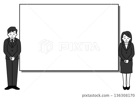 A man and woman in a black suit bowing with a whiteboard A man and woman in a black suit bowing with a whiteboard 136308170