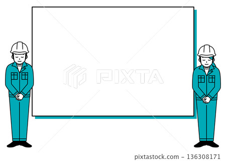 Male and female workers in helmets bowing with a whiteboard 136308171