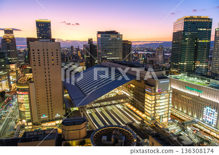 Osaka City Sunset sky and skyscrapers around JR Osaka Station and Umeda Osaka City Sunset sky and skyscrapers around JR Osaka Station and Umeda 136308174