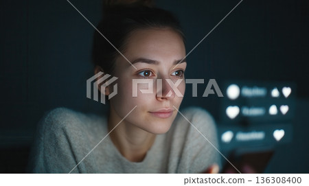Young woman viewing social notifications Young woman viewing social notifications 136308400