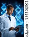 Young male scientist analyzing DNA on tablet 136308505