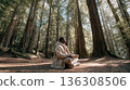 Man meditating among giant redwood trees 136308506