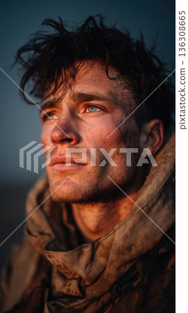 Handsome young US military man, portrait of a man in uniform, special unit for military missions in eastern countries 136308665