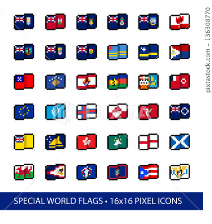 Flags of Special Regions, Territories and Organizations - 16x16 Pixel Art Vector Icons. Set of 30+ stylized, simplified, abstract pixel interpretations of world flag designs in common use as of 2026. 136308770
