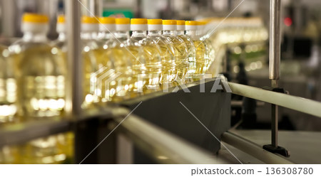 Automated production line bottling golden sunflower oil in a modern food manufacturing plant 136308780