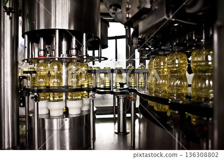 Automated factory line for sunflower oil bottling Automated factory line for sunflower oil bottling 136308802