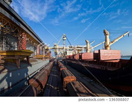 Industrial port terminal loading a cargo ship with heavy cranes and freight trains Industrial port terminal loading a cargo ship with heavy cranes and freight trains 136308807