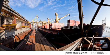 Industrial port terminal loading a cargo ship with heavy cranes and freight trains 136308809