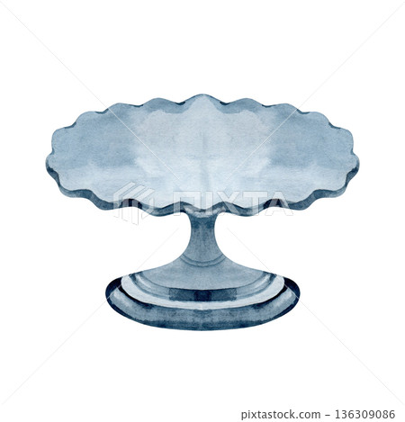 Hand painted watercolor illustration of a classic blue ceramic cake stand with a scalloped pedestal. Elegant kitchenware clipart for bakery logos, cafe menus, and gourmet food design. Hand painted watercolor illustration of a classic blue ceramic cake stand with a scalloped pedestal. Elegant kitchenware clipart for bakery logos, cafe menus, and gourmet food design. 136309086