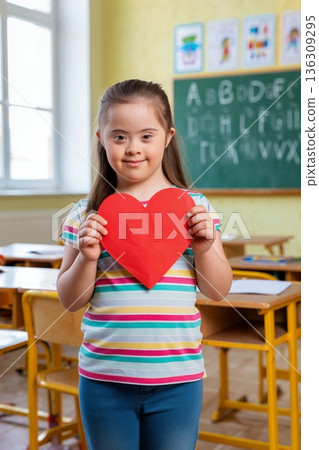 Smiling young girl with Down syndrome holding a red paper heart in a classroom setting Smiling young girl with Down syndrome holding a red paper heart in a classroom setting 136309295