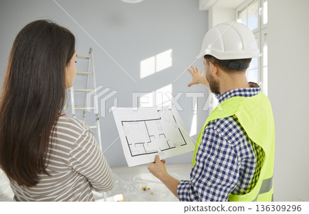 Architect, engineer or builder in uniform and helmet discusses construction plan with house owner 136309296
