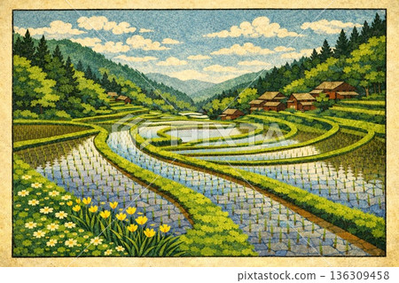 春日鄉村風景，稻田，梯田，山區，水稻種植，木版畫風格 136309458