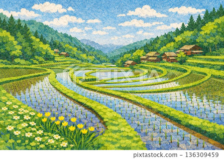 春日鄉村景色，稻田，梯田，山區，水稻種植，沙畫風格 136309459