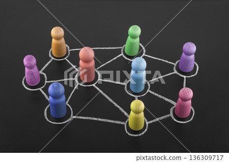 Group of colorful wooden people figures connected with chalk on blackboard. Social network concept 136309717