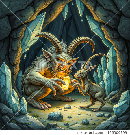 Cave encounter horned beast and crystal offering. In a dimly lit cave, a large horned creature with a fierce expression crouches, holding a glowing crystal. 136309799