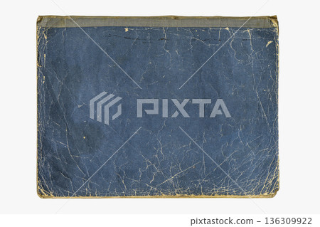 Vintage blue book cover with cracked surface and worn edges isolated on white background, old paper texture with copy space for design. Natural background of aged book cover texture for print, mockup, 136309922