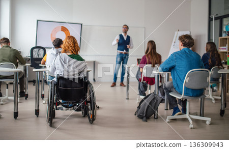Inclusive classroom scene with student using wheelchair. 136309943