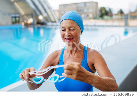 Older female swimmer getting ready for regular fitness swimming. 136309959