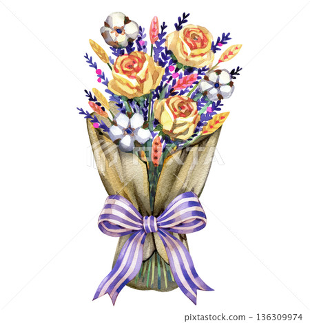 Delicate watercolor bouquet of yellow roses, lavender, and cotton blossoms arranged in a clear glass bottle. This hand-painted botanical centerpiece features soft textures and a rustic, farmhouse 136309974