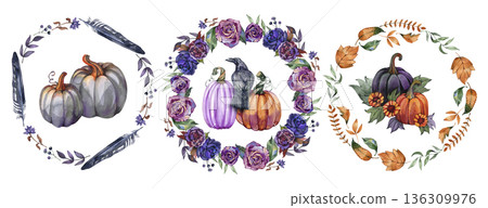 Watercolor collection of three mystical autumn wreaths featuring grey and purple pumpkins, a black raven, dark purple roses, feathers, and seasonal orange fall leaves for halloween decor. Watercolor collection of three mystical autumn wreaths featuring grey and purple pumpkins, a black raven, dark purple roses, feathers, and seasonal orange fall leaves for halloween decor. 136309976
