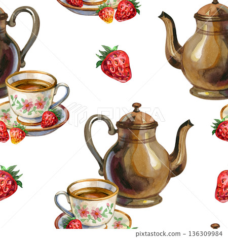 Watercolor seamless pattern with vintage teapots, floral teacups, and fresh strawberries. Elegant cottagecore aesthetic featuring traditional kitchenware and summer berries in a hand-painted botanical Watercolor seamless pattern with vintage teapots, floral teacups, and fresh strawberries. Elegant cottagecore aesthetic featuring traditional kitchenware and summer berries in a hand-painted botanical 136309984