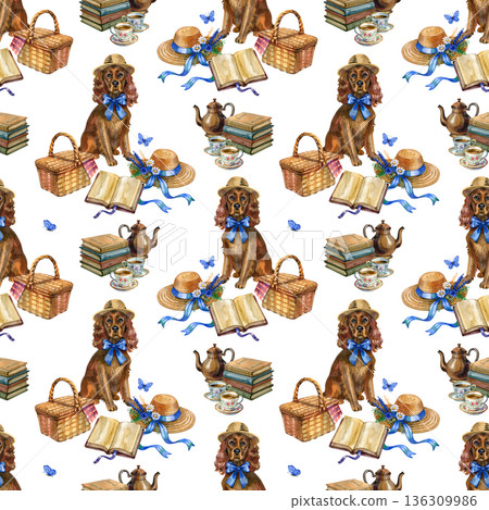 Charming watercolor seamless pattern in cottagecore style featuring a brown spaniel dog in a straw hat. Includes picnic baskets, stacks of vintage books, teapots, and blue butterflies for a rustic Charming watercolor seamless pattern in cottagecore style featuring a brown spaniel dog in a straw hat. Includes picnic baskets, stacks of vintage books, teapots, and blue butterflies for a rustic 136309986