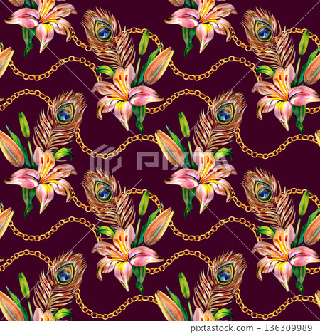 Seamless watercolor pattern featuring blooming peach lilies and golden peacock feathers intertwined with delicate gold chains. The botanical design repeats elegantly for a luxury aesthetic. Seamless watercolor pattern featuring blooming peach lilies and golden peacock feathers intertwined with delicate gold chains. The botanical design repeats elegantly for a luxury aesthetic. 136309989