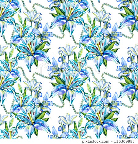 Sophisticated watercolor seamless pattern featuring vibrant blue lilies and delicate pearl chains. An elegant botanical design ideal for luxury textiles, wedding decor, and chic wrap. Sophisticated watercolor seamless pattern featuring vibrant blue lilies and delicate pearl chains. An elegant botanical design ideal for luxury textiles, wedding decor, and chic wrap. 136309995