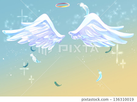 天使的翅膀和光環,飛翔的羽毛 天使的翅膀和光環,飛翔的羽毛 136310019