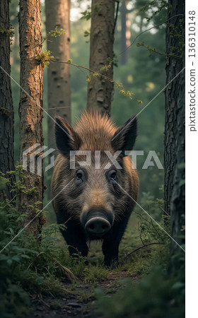 Wild boar staring in a dense forest. A wild boar (Sus scrofa) stands in a dense forest, framed by slender tree trunks. 136310148