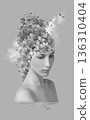 Abstract contemporary art design or portrait of young sad woman with flowers 136310404