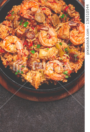 Jambalaya, Creole dish, American pilaf, rice with chicken and shrimp, vegetables, homemade, no people, Jambalaya, Creole dish, American pilaf, rice with chicken and shrimp, vegetables, homemade, no people, 136310544
