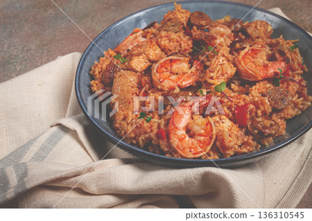 Jambalaya, Creole dish, American pilaf, rice with chicken and shrimp, vegetables, homemade, no people, 136310545
