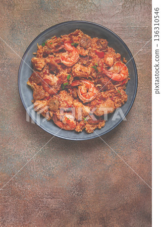 Jambalaya, Creole dish, American pilaf, rice with chicken and shrimp, vegetables, homemade, no people, 136310546