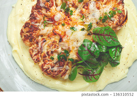 cauliflower steak, with mashed potatoes, spices and herbs, homemade, no people, cauliflower steak, with mashed potatoes, spices and herbs, homemade, no people, 136310552