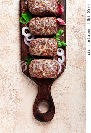 raw apkhazura, a dish of Georgian cuisine, meat balls, minced meat wrapped in a fat net, seftalia, homemade, no people, 136310556
